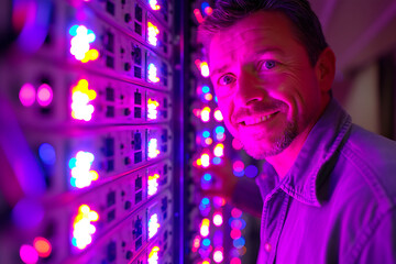 A worker at his workstation in a server room, smiling at the camera, exuding confidence and satisfaction, surrounded by computer equipment and server racks