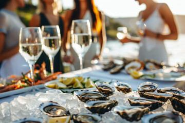 Naklejka premium Fresh oysters on ice with glasses of white wine at an outdoor gathering.