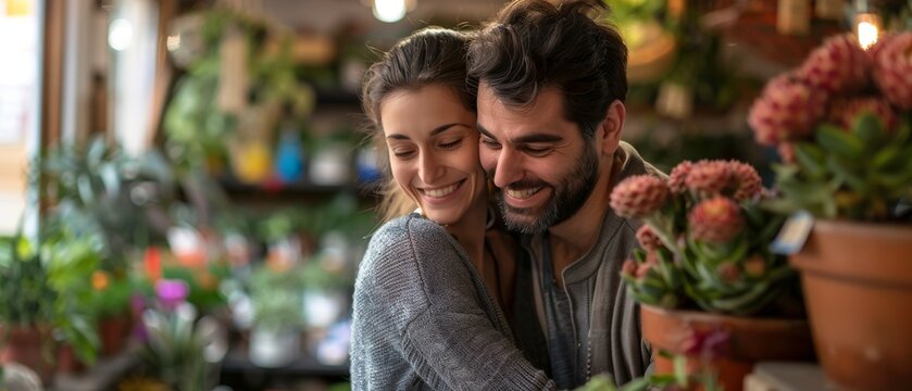 Happy couple enjoying a moment together in a cozy indoor garden filled with various plants, radiating warmth and intimacy.