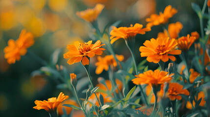Orange marigold flowers in the garden,
Vibrant orange field of flowers 
