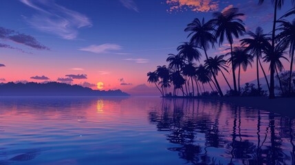 Serene beach scene at dusk with palm trees silhouetted