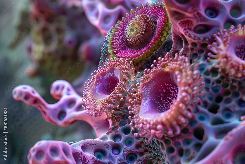 Poster colorful and intricate abstract organic microscopic structures in a 3d rendering with detailed micro
