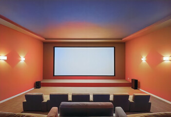 A sleek home cinema theater screen design in a luxurious apartment setting