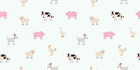 Seamless pattern with farm animals. Farm. Minimalistic cute print. Cow, pig, goat, goose, goose. Vector illustration in flat style.  Design for print, fabric, textile, wallpaper, wrapping.