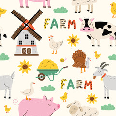 Seamless pattern with farm animals. Farm. Children's cute print. Cow, pig, goat, goose, goose. Vector illustration in flat style.  Design for print, fabric, textile, wallpaper, wrapping.