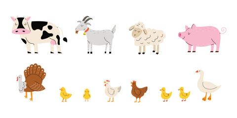 Vector set of farm animals. Goose, chicken, turkey, pig, cow, goat, sheep. White isolated background. © Hanna Bykova