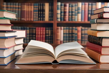 Fototapeta premium Tranquil wooden table with open book and colorful tomes in serene library setting