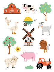 Vertical poster with farm animals. Pig, cow, mill, tractor, goose, chicken in flat style. Cute vector illustration. White isolated background.