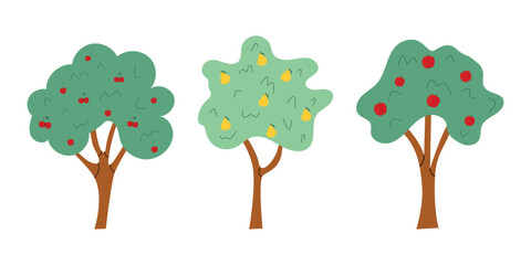 Vector set of fruit trees. Illustration in flat style. Apple tree, pear tree, cherry tree. White isolated background.