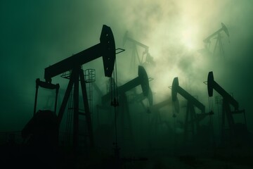 Oil rigs silhouetted against green sky.