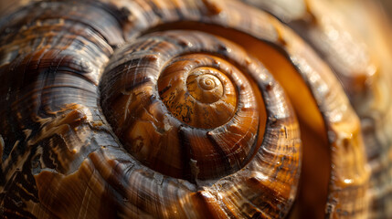 The shell of a snail is shown in close up, with its spiral shape and brown