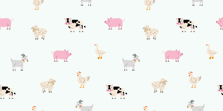 Seamless pattern with farm animals. Farm. Minimalistic cute print. Cow, pig, goat, goose, goose. Vector illustration in flat style.  Design for print, fabric, textile, wallpaper, wrapping.