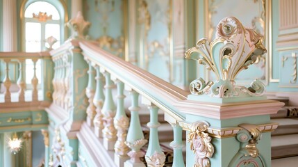 Rococo balustrade in an opulent ballroom, featuring pastels and playful details, evokes whimsy and elegance.