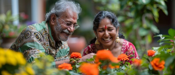 Fototapeta premium Happy senior couple gardening together, surrounded by vibrant flowers, enjoying outdoor activity and nature.