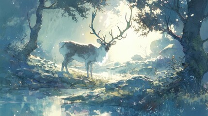 In a stunning natural setting picture a graceful illustration of reindeer roaming freely
