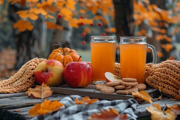 get ready for fall with an outdoor picnic featuring apple cider and autumn snacks, creating the perfect setting for the seasons start
