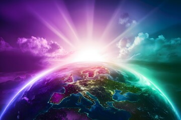Obraz premium Vibrant Earth, radiant sun, dramatic sky in hues of purple, blue, green Ethereal, awe inspiring