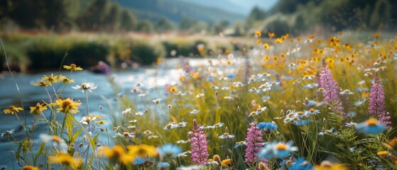 Idyllic meadow with colorful wildflowers by a river, surrounded by lush greenery and mountains, on a beautiful sunny day.