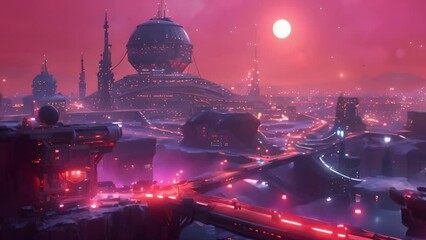 This futuristic city illuminated at night under a full moon. - Powered by Adobe