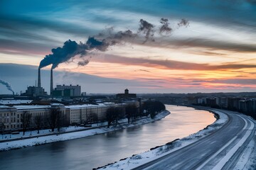 Snow covered buildings along riverbank at sunset with factory emitting smoke, urban landscape