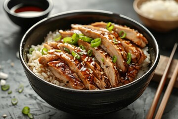Teriyaki chicken topped with sesame seeds and green onions in an elegant black bowl - culinary presentation - recipe inspiration - gourmet dining