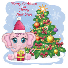Cute cartoon elephant, childish character in santa hat with gift, christmas ball or candy cane near christmas tree. New Year
