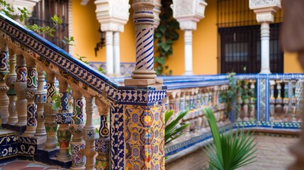Fototapeta premium A Moorish balustrade with intricate arabesques and vibrant tiles in an Andalusian courtyard showcases cultural heritage.