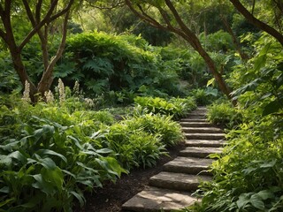 Stone pathway meanders through lush garden, flanked by abundance of greenery, various plants. Path bordered by large leafy bushes, smaller flowering plants, leading eye through scene. Overhead.