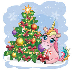 Fototapeta premium Cute cartoon unicorn in santa hat near christmas tree with gifts, balls. New Year and Christmas greeting card
