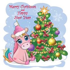 Cute cartoon unicorn in santa hat near christmas tree with gifts, balls. New Year and Christmas greeting card