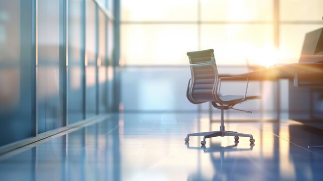 An empty swivel chair sits at a desk in a modern office with glass walls, bathed in warm sunset light.