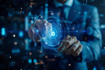 Obraz premium Businessman pressing security button on virtual background.