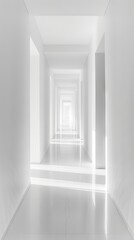 White hallway. White marble columns and walls inside building.