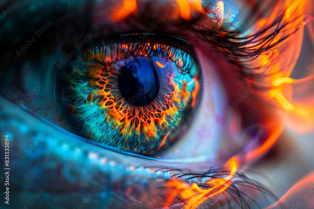 Poster highly detailed macro shot of a human eye captures intricate patterns with a splash of vivid colors