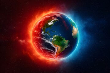 Earth in vivid red and blue, representing climate extremes and untouched nature