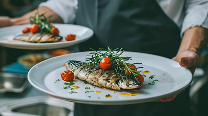 
a person in a black apron holding two white plates with cooked fish garnished with herbs and cherry tomatoes - Powered by Adobe