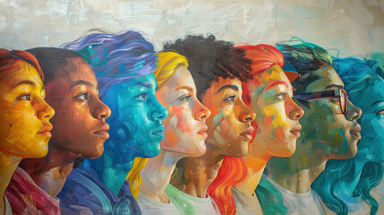 Multi colored and different culture, painted faces with different people of various skin showing Diversity and inclusion, equity and belonging, lgbtq, pride, can be used for wall paintings, banners