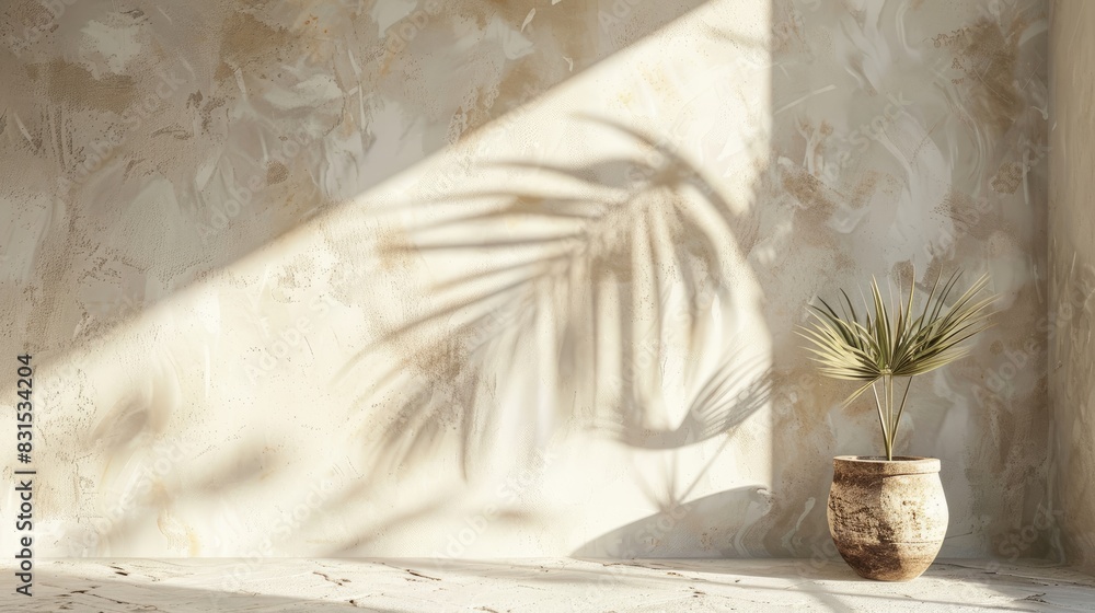 Poster minimal product integration with palm shadow on a plaster wall high end summer architecture interior