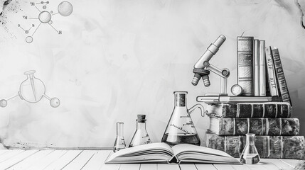 black and white sketch of lab instrumentsm microscope,flasks,experiment instruments, chemistry lab concept, physics and biology students, can be used for college, school, cards, banners, wallpapers