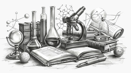 black and white sketch of lab instrumentsm microscope,flasks,experiment instruments, chemistry lab concept, physics and biology students, can be used for college, school, cards, banners, wallpapers