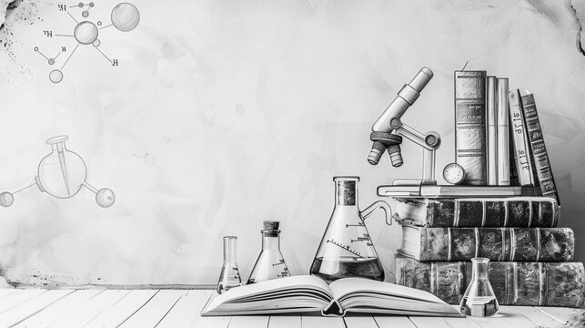black and white sketch of lab instrumentsm microscope,flasks,experiment instruments, chemistry lab concept, physics and biology students, can be used for college, school, cards, banners, wallpapers