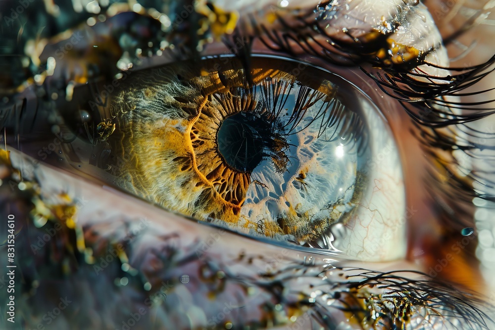 Poster closeup image capturing the intricate details of a human iris and eyelashes with a sharp focus