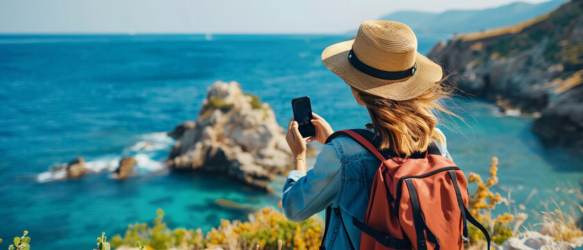 Woman on vacation with her cell phone taking photos of the coast of a beach.