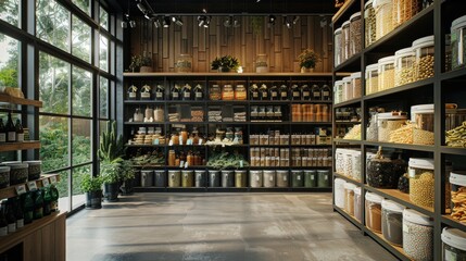 Rustic grocery store interior with wooden shelves filled with jars of organic food and natural products, surrounded by green plants and large windows.