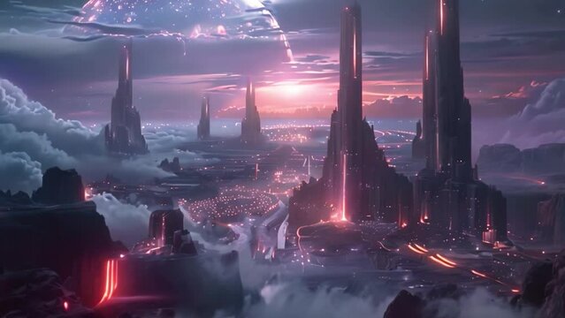 This Futuristic spaceship landed on rocky alien planet surface with eerie atmosphere.