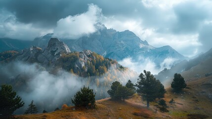 Misty Mountain Range with Cloudy Sky in Colorful Photograph