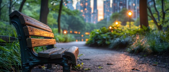 Fototapeta premium Serene city park bench surrounded by lush greenery at twilight, with city lights glowing in the background, creating a peaceful urban escape.