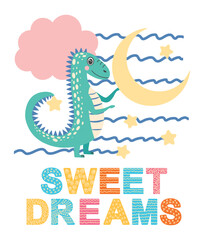 Good night. Scandinavian hand drawn illustration with dinosaur, dragon. Children's poster, poster, pajamas.