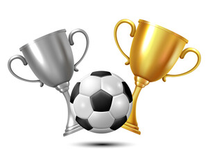 Golden cup, silver cup, and soccer ball. Vector 3D clipart isolated on white background.