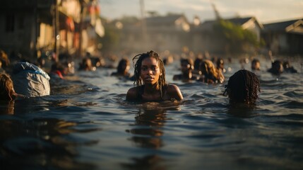 A serene picture capturing a young girl swimming amidst others in a peaceful, natural water body